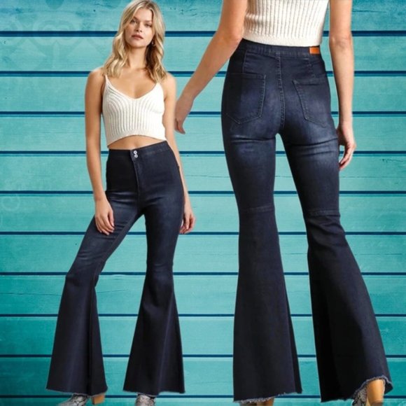 Umgee High Rise Fringe Hem Bell Bottom Stretch Denim Jeans Dark Blue Wash New 7 - Picture 1 of 14
